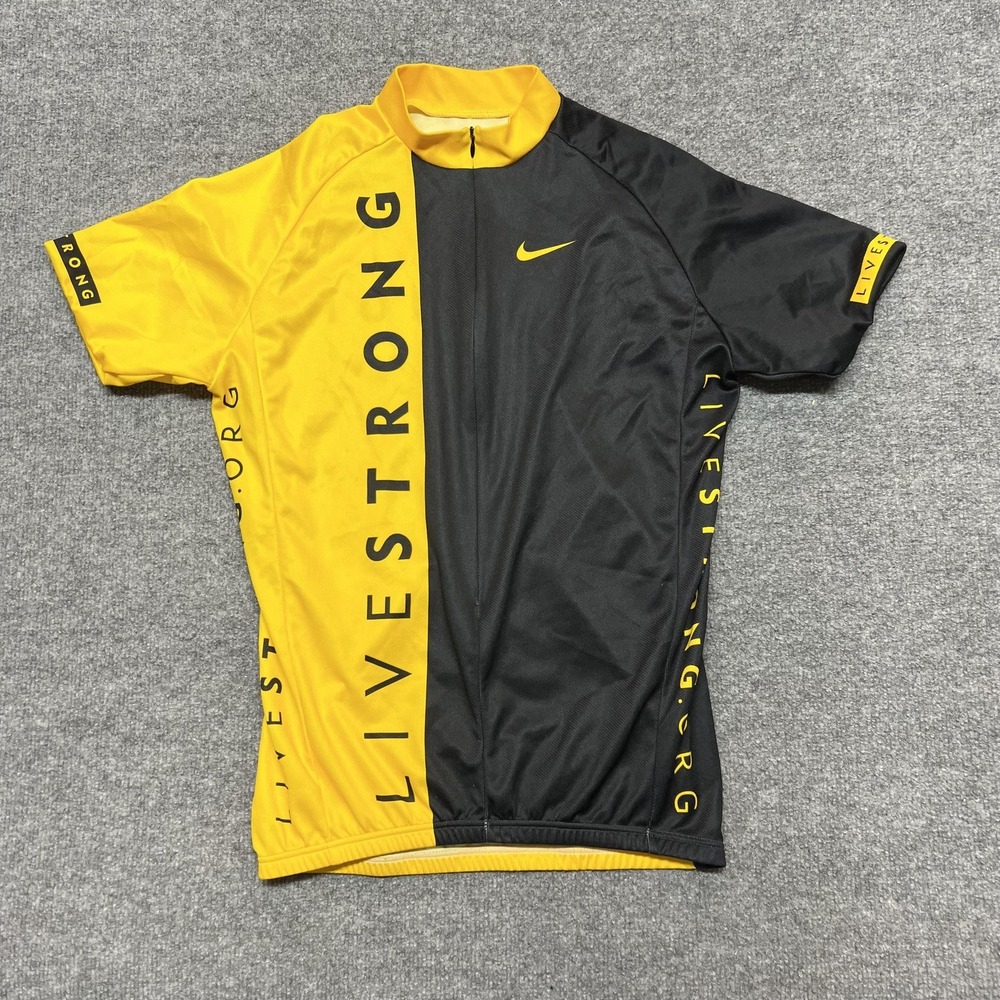 VTG Nike Cycling Jersey Mens Medium Yellow Black Livestrong Full Zip Bike Shirt